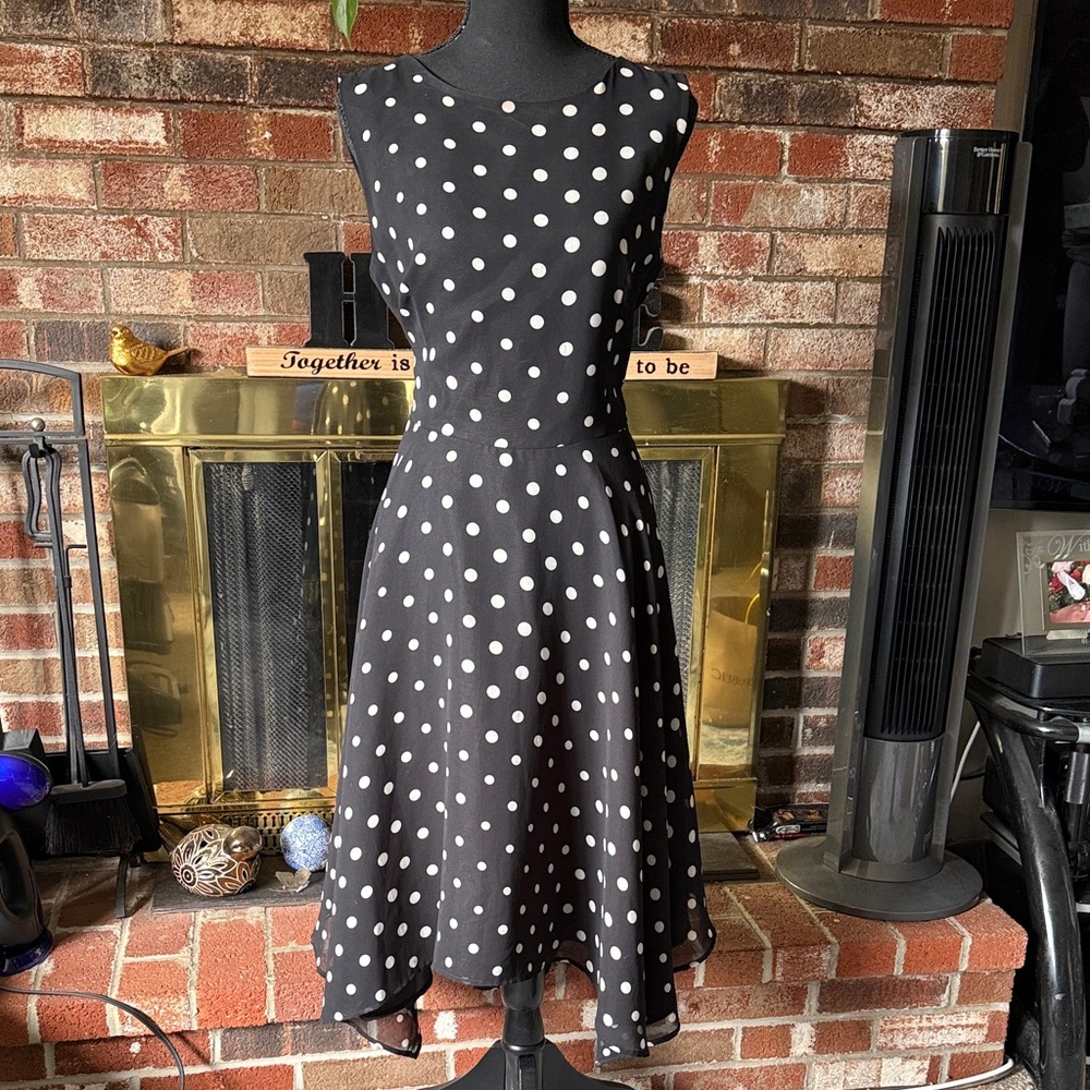Designed in France - Polka Dot Sleeveless Black Dress with white bow detail